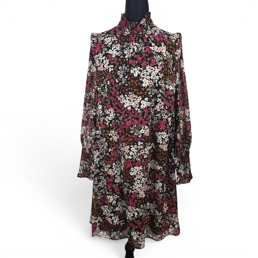 Ann Taylor Floral Smocked Mock Neck Long Sleeve Shift Mini Dress Black Pink 6
